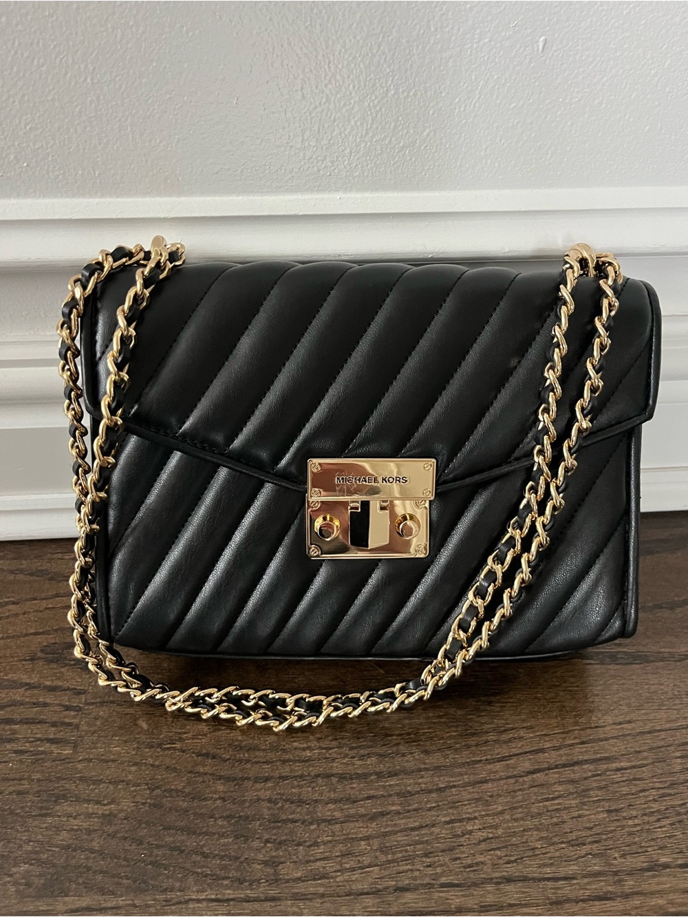 Michael Kors Black Quilted Leather Shoulder Bag with Gold Chain